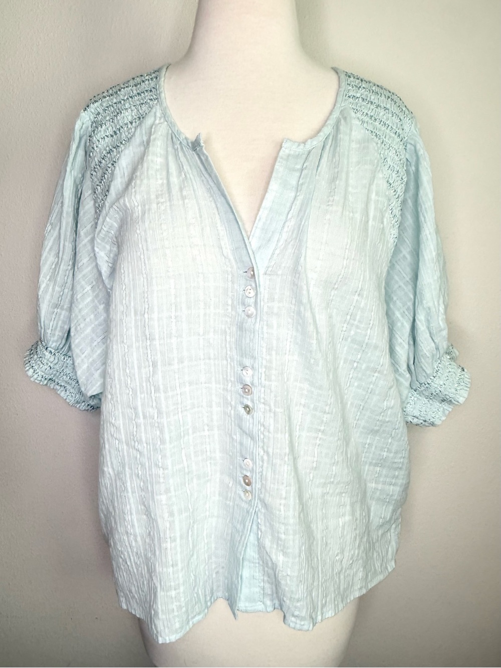 Sundance Blouse Light Blue Button-Front Textured Top Puff Sleeve Boho Coastal